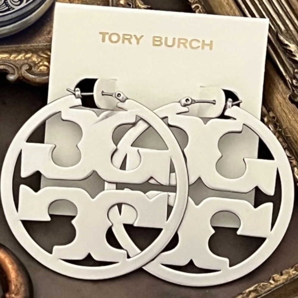 Tory Burch Silver Cutout Logo Earrings